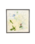 Floating on a Breeze, original encaustic painting by Marilyn Clayton, 45.7 x 45.7 cm, three butterflies and hydrangea in layered pigmented beeswax, ebony wood float frame, Haliburton Highlands