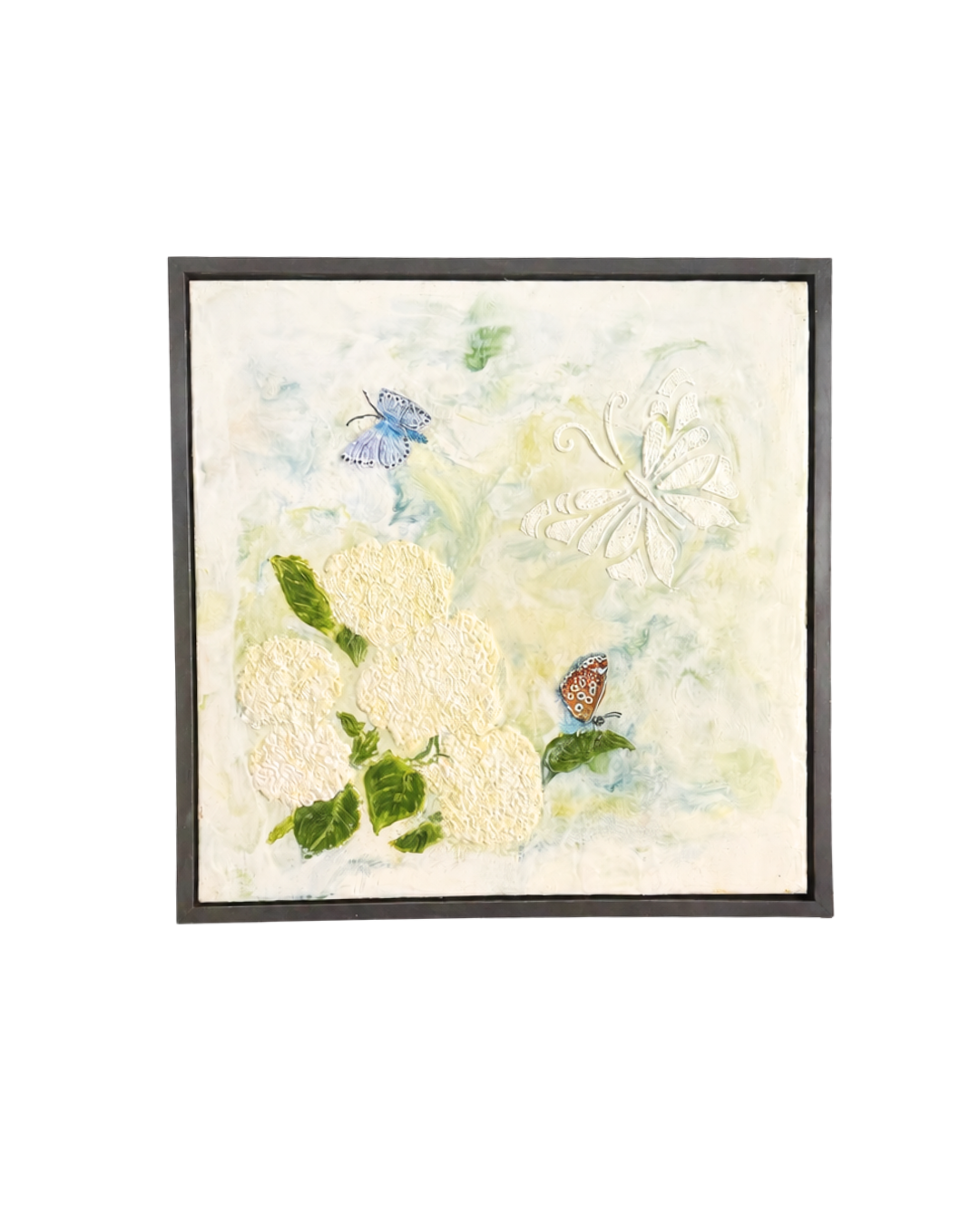 Floating on a Breeze, original encaustic painting by Marilyn Clayton, 45.7 x 45.7 cm, three butterflies and hydrangea in layered pigmented beeswax, ebony wood float frame, Haliburton Highlands